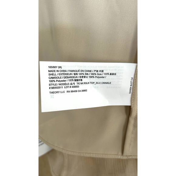Theory Wmn Flax Tie Neck Raglan Short Sleeves Crinkled Silk Chiffon Top Sz M NWT - Picture 13 of 14